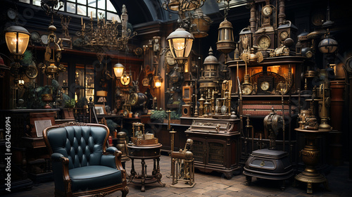 Interior of an antique store with old  objects and furniture. Generative Ai