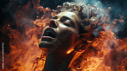 Human head on fire. Mental health concept with a human whole head fracturing and exploding. Generative Ai