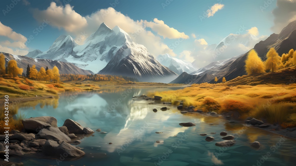 River Landscape With Snowy Mountain 