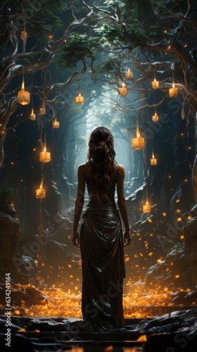 A woman stands in a mystical forest, the light breaks through the leaves, candles are flying