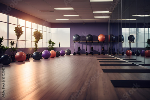 Fitness Studio Space. Neatly Organized Space with Yoga Balls and Pilates Equipment