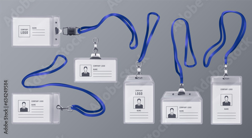 Name badge. Blank ID tag. Lanyard cord holder for employee. Plastic neck identification. Realistic label with rope ribbon. Identification pass. Office worker identity. Vector exact set