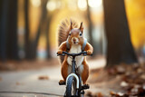 Funny squirrel with backpack riding a bicycle