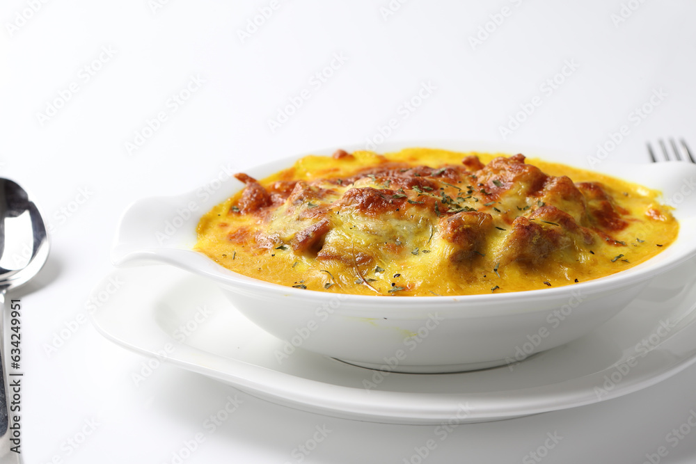 oven baked creamy cheese Japanese curry pasta fried rice with chicken seafood in bowl on brown cloth white background fork spoon western chef cuisine halal food menu for cafe oven baked creamy cheese Japanese curry pasta fried rice with chicken seafood in bowl on brown cloth white background fork spoon western chef cuisine halal food menu for cafe