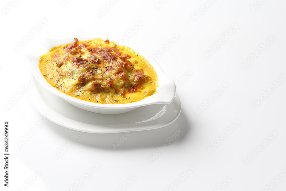oven baked creamy cheese Japanese curry pasta fried rice with chicken seafood in bowl on brown cloth white background fork spoon western chef cuisine halal food menu for cafe