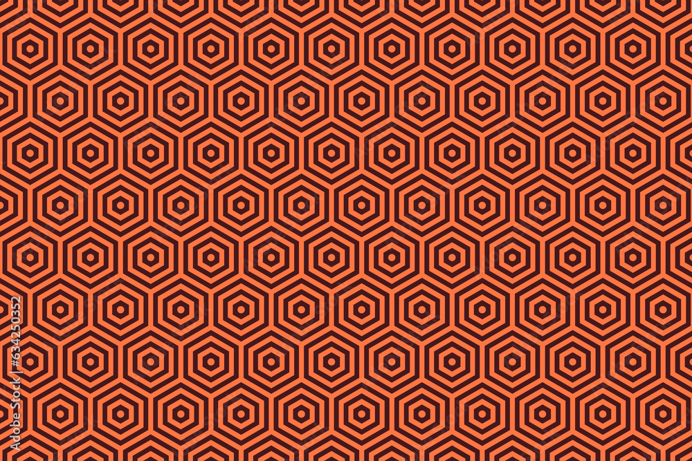 Optical illusion orange hexagonal honeycomb pattern. Op art hexagons geometry vector illustration.