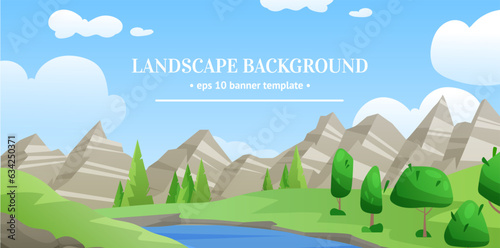 Mountain landscape. Scenic day sky with clouds. Rock range peaks. Forest trees. River valley land panorama. Green hill meadows. Wilderness summer scenery. Vector wild nature background