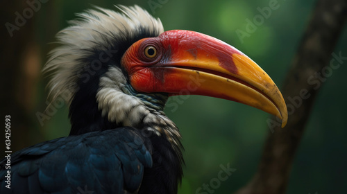 Knobbed Hornbill, Rhyticeros cassidix, from Sulawesi, Indonesia. Beautiful jungle hornbill in the wildlife. Generative Ai