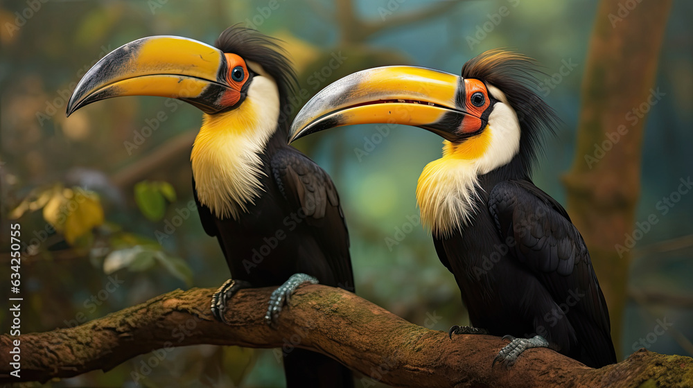 Fototapeta premium Two Great Hornbill Coraciiformes hornbill bird. Generative Ai