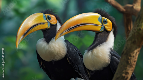 Two Great Hornbill Coraciiformes hornbill bird. Generative Ai © tong2530