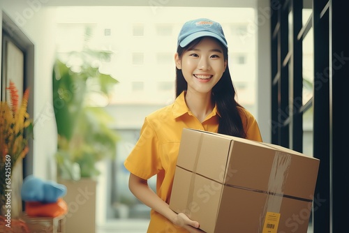Smiley Asian postman with a parcel in a cardboard box. A young woman delivers a parcel. Online store delivery. Woman with a box close-up.