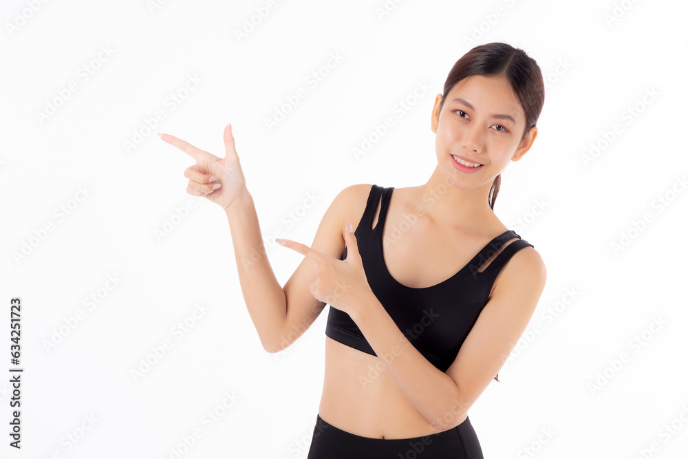 Portrait of beautiful young asian woman in sportswear smile and presenting isolated on white background, sport and exercise for health and weightloss, female and slimming showing something. Portrait of beautiful young asian woman in sportswear smile and presenting isolated on white background, sport and exercise for health and weightloss, female and slimming showing something.