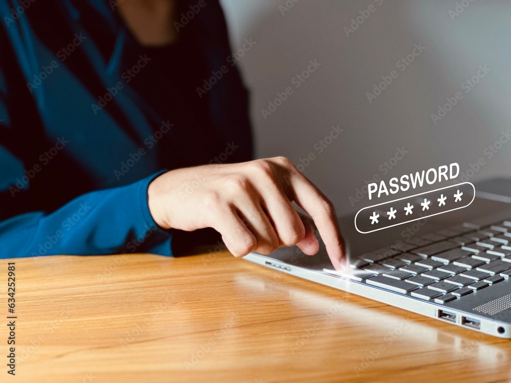 Businessman typing on computer to enter password in security system, technology, hacker concept, cloud system, cyber security concept.