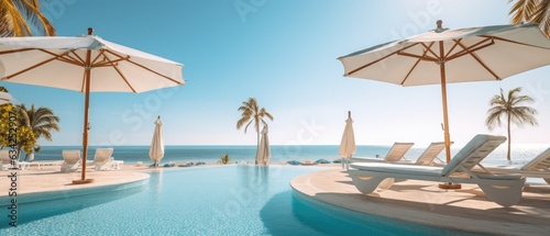Luxurious swimming pool and loungers umbrellas near beach and sea with palm trees and blue sky, Generative AI © Onchira