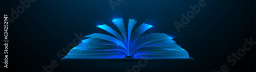 Open book side view with shining pages. Magic book. Low polygonal and wireframe from dots and lines. Vector illustration