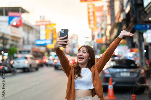 Photography Young Asian tourists standing selfie taking a photo