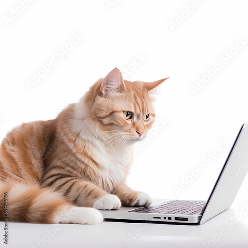 Cat working on computer white background Generative AI Illustration