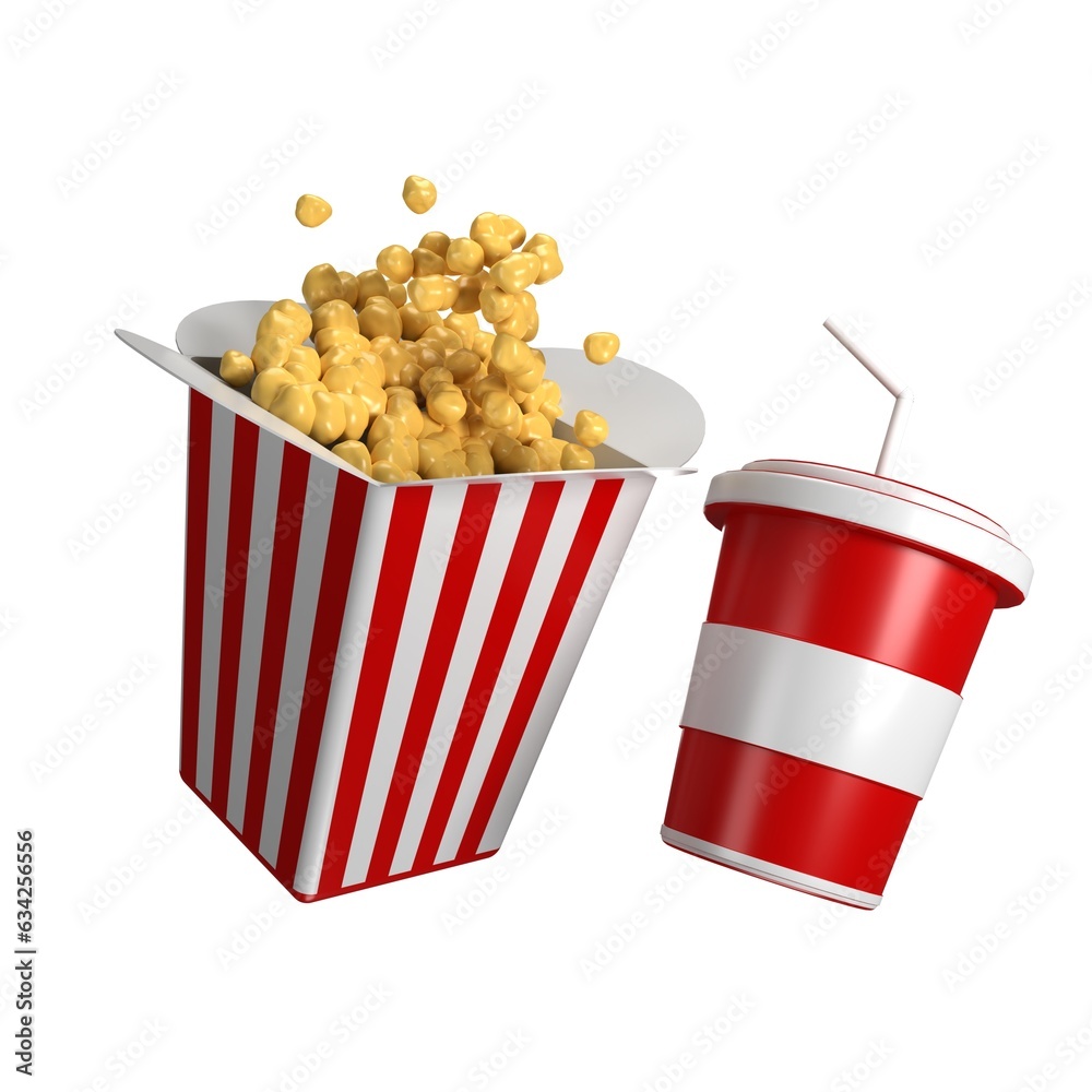 3d icons of a box of pop corn and cola, icons for pop corn and cola