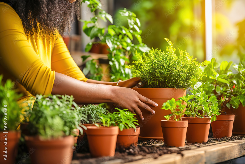 A woman plants houseplants in a pot. A woman plants houseplants in a pot.