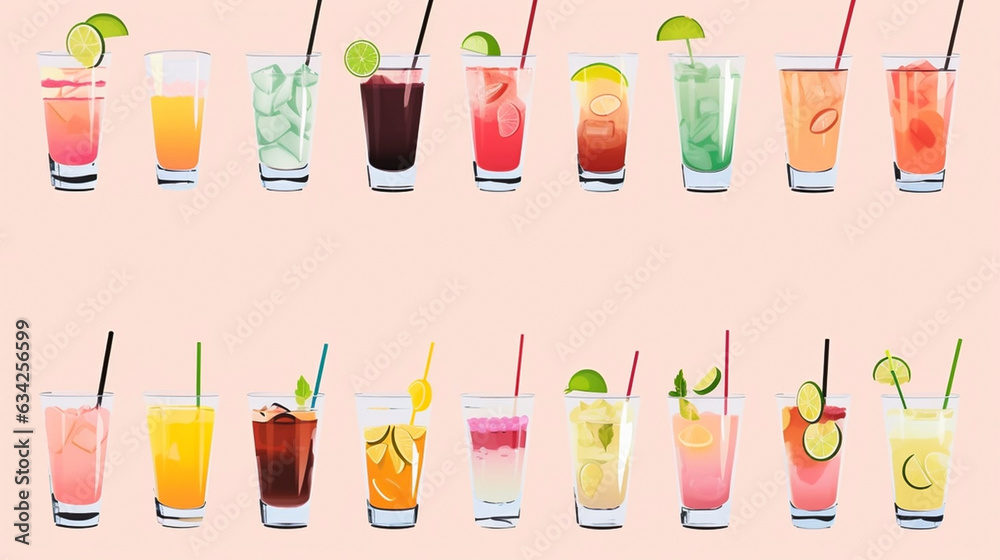 AI generated, bundle of cocktails set. Illustration of different coctails on a pastel background. Illustration suited for T-shirt, napkins, menu. Different forms of glasses. Multi-colored.