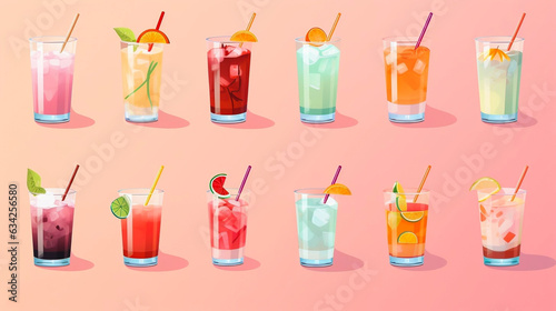 AI generated, bundle of cocktails set. Illustration of different coctails on a pastel background. Illustration suited for T-shirt, napkins, menu. Different forms of glasses. Multi-colored.