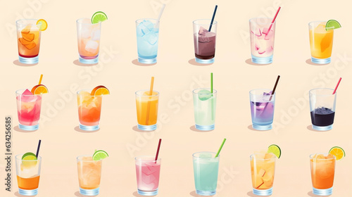 AI generated, bundle of cocktails set. Illustration of different coctails on a pastel background. Illustration suited for T-shirt, napkins, menu. Different forms of glasses. Multi-colored.
