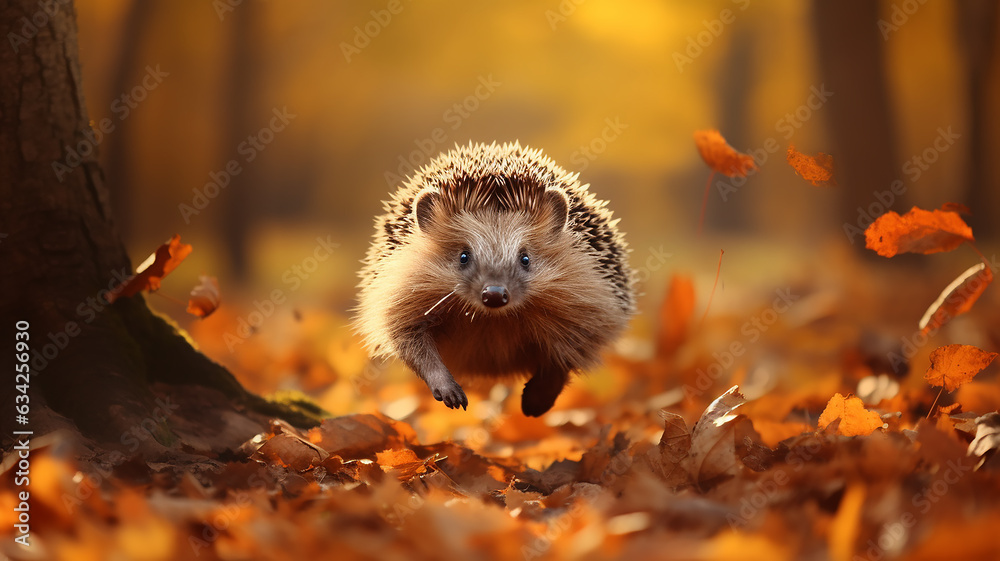 freedom the hedgehog runs through the autumn forest dynamic scene leaves fly around the onset of autumn changes - obrazy, fototapety, plakaty 