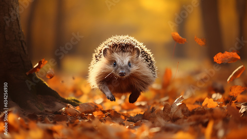 freedom the hedgehog runs through the autumn forest dynamic scene leaves fly around the onset of autumn changes photo