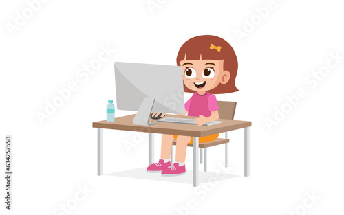 Cute little girl using computer to browse internet vector illustration