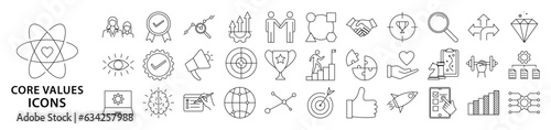 Core Values icons. Set icon about core values. Core values Line Icons. Vector Illustration. Editable Stroke.