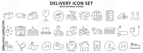 Delivery Icons. Set icon about delivery. Delivery Line Icons. Vector Illustration. Editable Stroke.