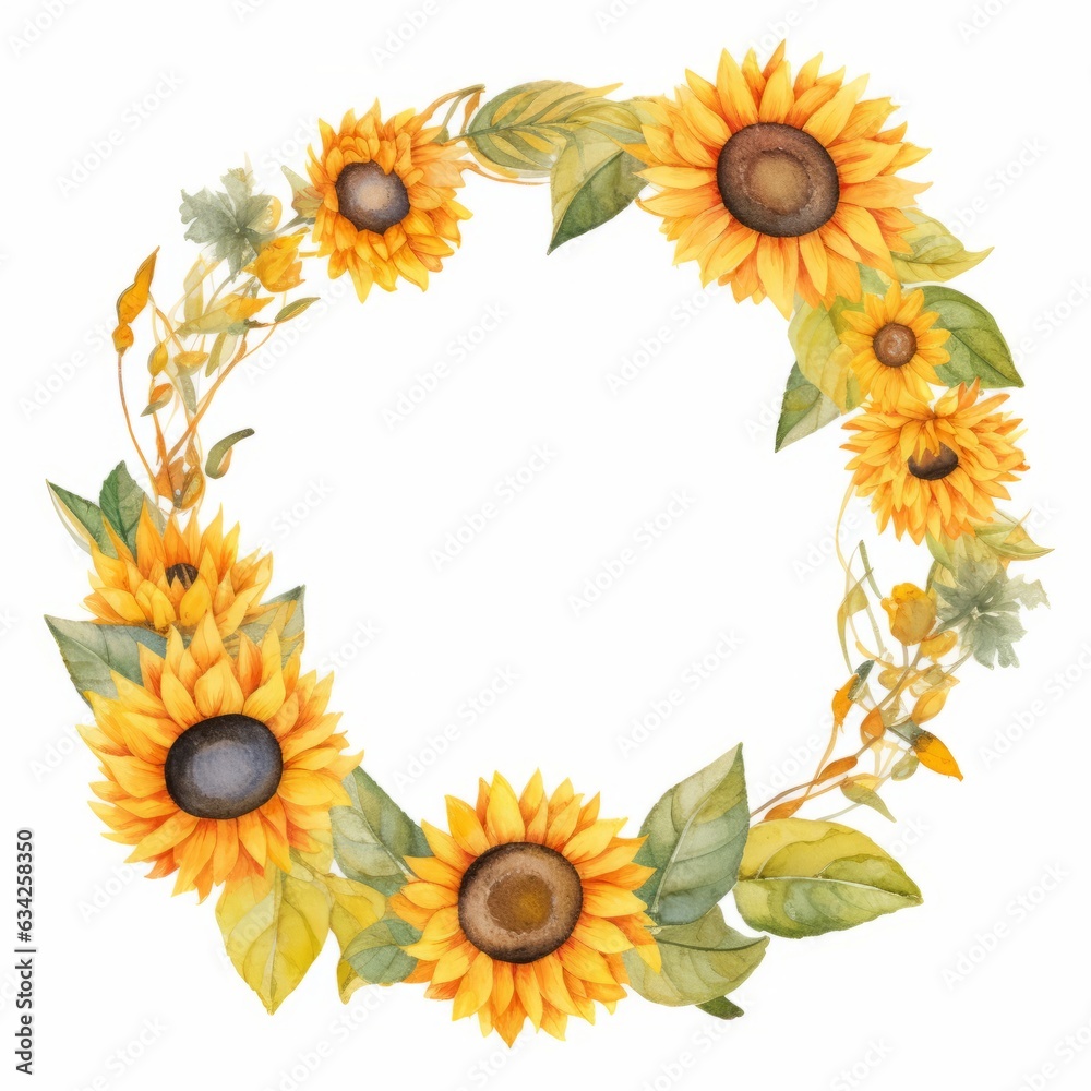 Sunflower wreath round frame of yellow flowers watercolor illustration Sunflower wreath round frame of yellow flowers watercolor illustration