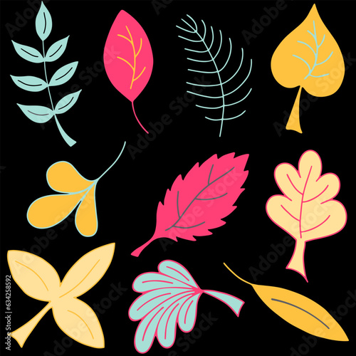 Vector Set of Colorful Autumn Doodle Leaves.