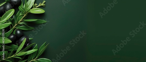 Olive background with lots of green leaves, empty space. Generated by AI