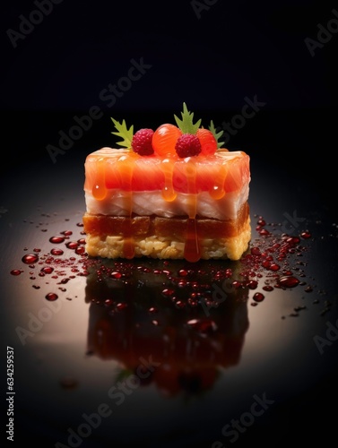 Gorgeous piece of sushi exhibited in studio, professional food photography generated by AI