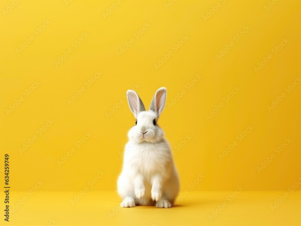 A cute white rabbit sits on a yellow copy background. Generated by AI A cute white rabbit sits on a yellow copy background. Generated by AI