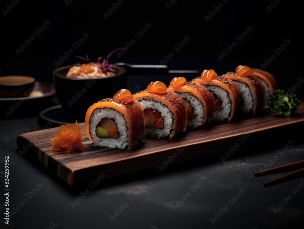 Shooting sushi on a smooth black background. Generated by AI Shooting sushi on a smooth black background. Generated by AI