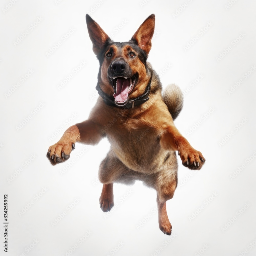 The purebred dog is very happy jumping on a white background. Generated by AI