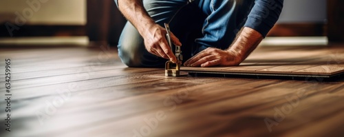 Professional builder man laying laminate at home. Generated by AI