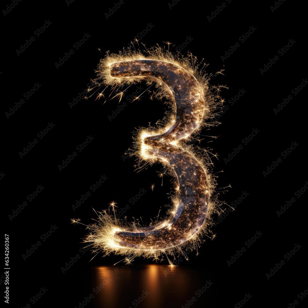number three made of sparkling sparklers on black background - created using generative Ai tools number three made of sparkling sparklers on black background - created using generative Ai tools
