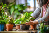 A woman plants houseplants in a pot.