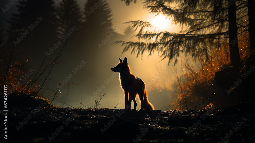 fox silhouette in misty autumn forest landscape wildlife view fox silhouette in misty autumn forest landscape wildlife view
