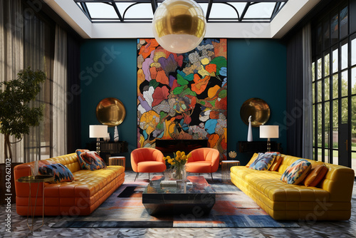 modern maximalist living room interior, eclectic photo