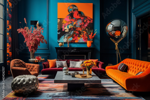 modern maximalist living room interior, eclectic photo