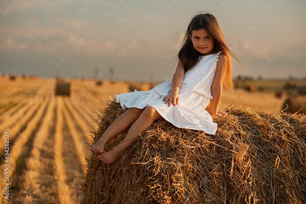 A cute little European-looking girl in a white summer dress sits on a bale of hay A cute little European-looking girl in a white summer dress sits on a bale of hay