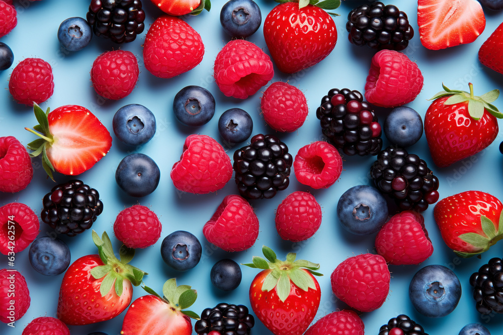 Berry fruit mix on blue background Berry fruit mix on blue background