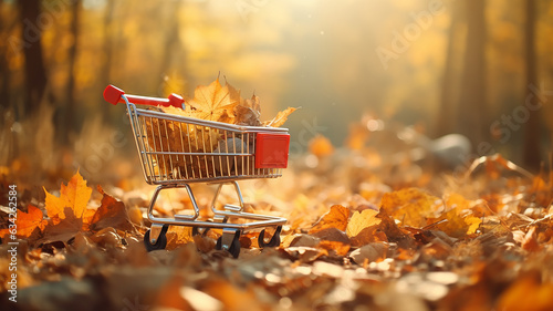 supermarket trolley in autumn park leaf fall discounts and sale