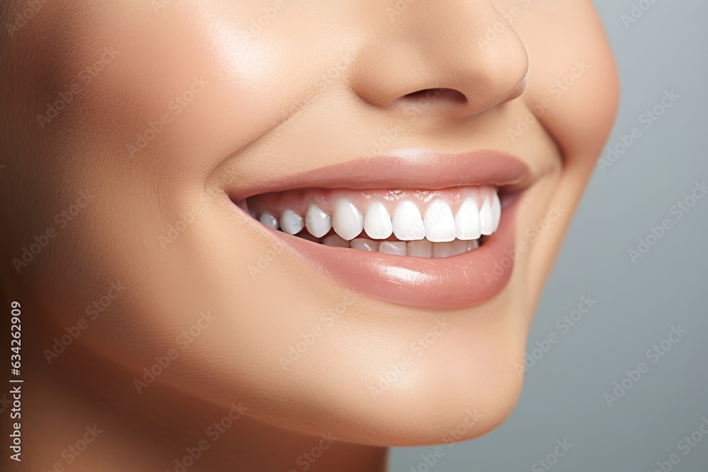Fototapeta premium Close up of young woman smiling with perfect white teeth. Generative AI