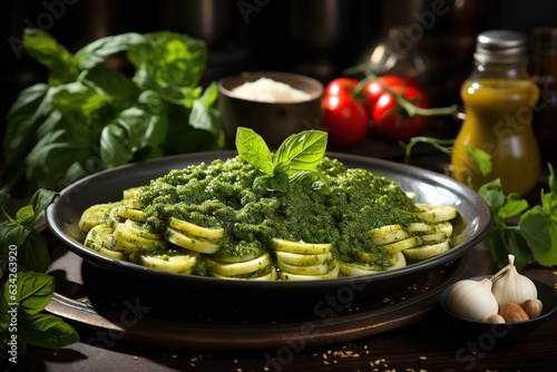 Zucchini Noodles with Pesto Sauce: A low-carb alternative to pasta, with zucchini noodles tossed in a homemade basil pesto. Generated with AI
