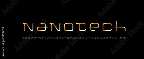 Technical wide thin future font  digital golden cyber alphabet  trendy letters from A to Z and numbers from 0 to 9 for interface design  vector illustration 10EPS